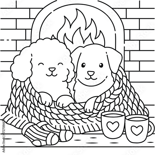 Cozy Dogs by Fireplace with Blanket – Cute Hand Drawn Winter Coloring Page