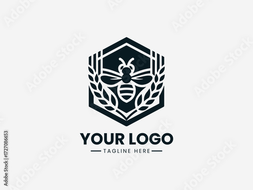Elegant wheat stalks and honey bee inside hexagon vector logo for organic farm branding