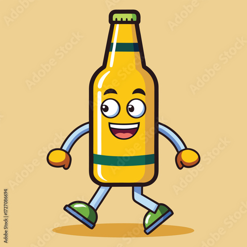 A cheerful and animated cartoon beer bottle character is depicted walking. This playful image features a smiling face, arms, and legs, perfect for adding a fun element to designs.