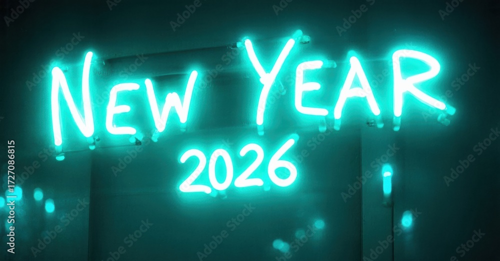 Obraz premium Bright neon sign displays New Year 2026. Turquoise glow dominates dark background. Festive, modern illumination. Simple, direct message.