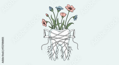Conceptual tooth decay problem with flowers growing out of tooth and roots tied with dental floss. Conceptual toothache situation requires immediate dental care and attention.