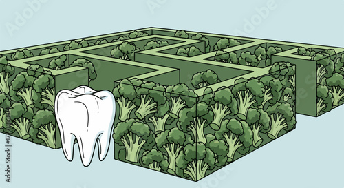 Illustration of tooth and vegetable maze, depicting dental health challenges and healthy food choices. Tooth faces broccoli maze,