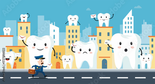 Cartoon teeth characters populate playful tooth town with smiling teeth, happy teeth and an urban dental landscape. Tooth town is a whimsical cartoon scene complete with buildings,