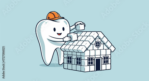 Cartoon tooth building house with blocks. A cartoon tooth wearing hardhat building house with construction blocks with smile on blue background.