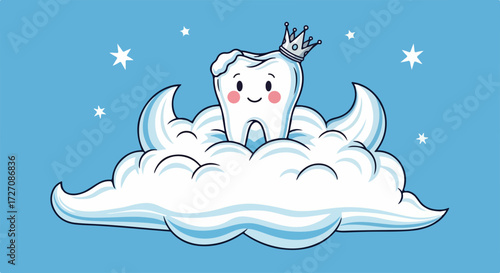 Cute tooth fairy on cloud with crown, fairytale tooth design. Whimsical cute tooth fairy art features child's dreamlike scene with shining stars. This cute tooth fairy image evokes childhood fantasy,