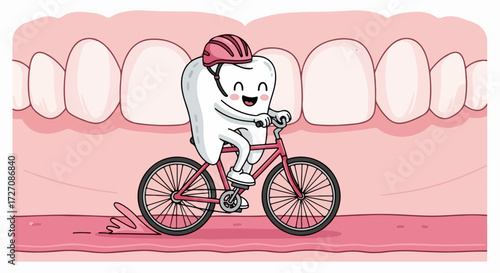 Cycling tooth illustration featuring healthy tooth wearing helmet and riding red bicycle. This happy cycling tooth promoting dental health.
