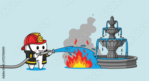 Cartoon firefighter tooth is extinguishing fire at fountain. Cartoon firefighter tooth ensures fountain isn't damaged, as a dental metaphor for cavity prevention.