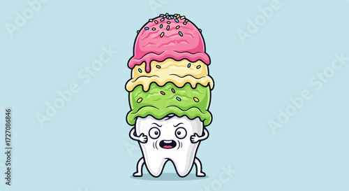 Unhappy tooth character with ice cream scoops is a quirky illustration. Overloaded tooth character stands with an expression of pain, overwhelmed by sugary ice cream.