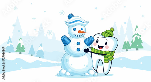 Happy tooth building snowman, perfect for winter themed educational dental presentation. Healthy tooth mascot smiling at snowman construction, ideal for dental care promotion, children's dentistry,