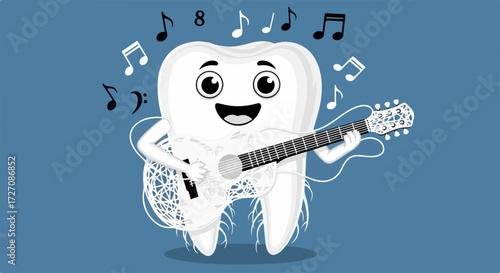 Funny tooth with guitar smiles next to floating musical notes. Cute funny tooth strums guitar creating music to brighten your day. Concept of a funny tooth character playing guitar,