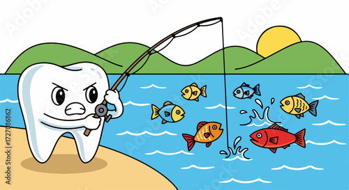 Cartoon tooth fishing scene shows smiling tooth character fishing. Fishing for fun shows tooth character catching fish in river. Fishing is important for health,