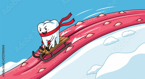 Cartoon tooth is sledding down a gum hill, enjoying winter activity. Cartoon tooth character bundled up is sledding, enjoying winter snow.