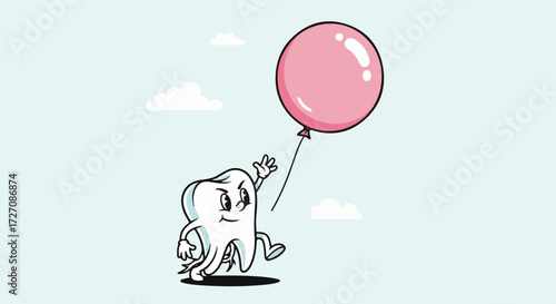 Cute tooth character flies with balloon, representing dental health awareness. Tooth character is animated, with cheerful expression, holding pink balloon tied with string.
