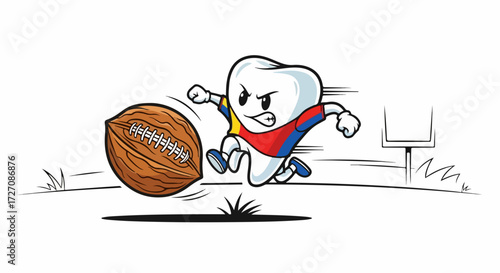 Tooth cartoon kicking ball in funny illustration of dental health, depicting oral hygiene, dent cartoon character playing with ball demonstrates dental health, illustrating sport.