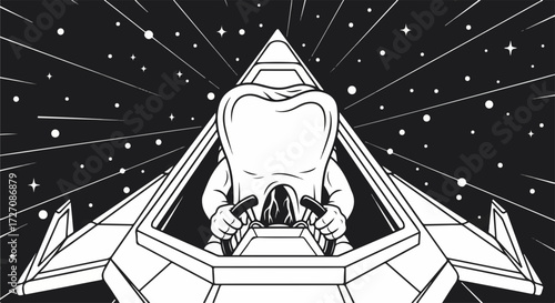 Space travel illustration depicting tooth character piloting spaceship through galaxy. Tooth character explores cosmos during space travel, tooth character explores cosmos while flying in spaceship.