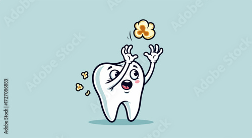 Cartoon tooth with popcorn, adorable concept with funny tooth character reaching for popped corn. Funny tooth reaching for popcorn, cute dentistry concept represents dental health and snacking habits.