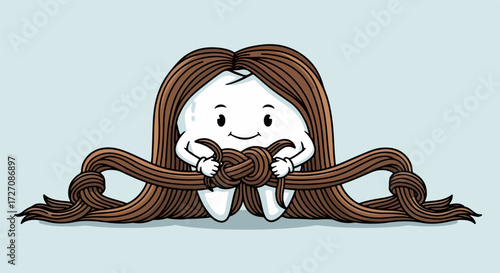 Funny tooth with stringy hair tied around its body, cute dental mascot character. Funny tooth, a comical illustration with charming design for dental care related projects.