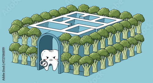 Dental care labyrinth featuring whimsical tooth character in cartoon style. Dental care themed illustration shows route to healthy gums through broccoli obstacle.