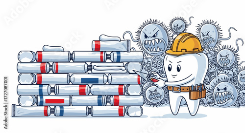 Tooth protection cartoon illustration with tubes of toothpaste forming wall against bacteria. Tooth protection ensures oral hygiene for healthy gums and strong teeth,