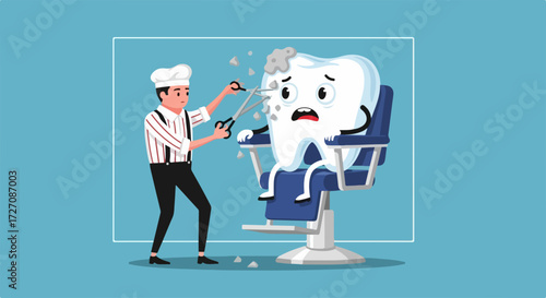 Barber shop scene presenting tooth extraction, with unhappy tooth on chair. Tooth extraction with dental barber offers hygiene and well being.