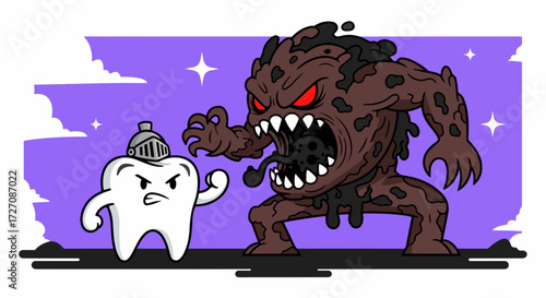 Dental cartoon illustration showing a tooth character in armor, ready to fight against tooth decay. Dental cartoon to raise awareness about oral hygiene and dental care, with tooth decay threatening.