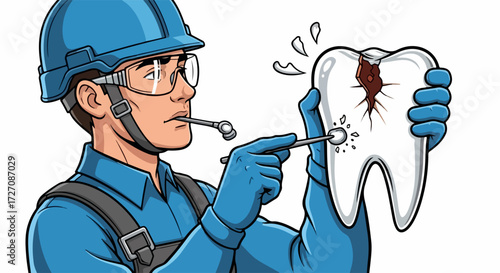 Dentist examines tooth cavity, looking closely with dental mirror and probe. Dentist uses tools to check for damage to enamel, cracks, or structural compromise.