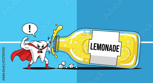 Tooth protection concept shows a strong tooth superhero character fighting a bottle of lemonade, preventing cavities. Tooth protection symbolizes dental care and safeguarding against acidic beverages,
