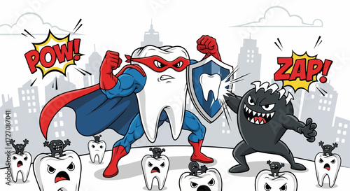 Dental hero defends teeth, a dental hero against caries, in a comic book style illustration. Dental hero stands strong with shield and cape, fighting bacteria and preventing tooth decay,