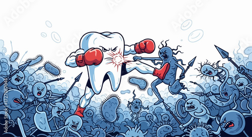 Bacteria fighting tooth, powerful and clean. Bacteria fighting to protect from tooth decay, showing healthcare and strength. Concept Bacteria fighting for tooth health for clinic advertising.