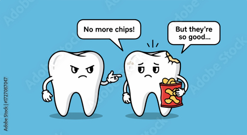 Cartoon teeth characters for dental hygiene featuring a toothache and potato chips. Cartoon teeth characters concept with one healthy tooth scolding another tooth holding unhealthy potato chips,