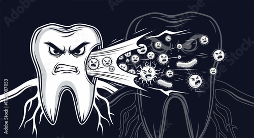 Illustration shows tooth decay problem with bacteria attacking healthy tooth. Tooth decay symbolizes bad hygiene harming dental health. Bad habits cause tooth decay, so protect your dental health.
