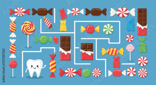 Cute tooth with candy on blue background, sweet maze. Tooth and candy in sweet maze show unhealthy eating, fun activity concept. Cute tooth guides through sweet maze for healthy dental care.