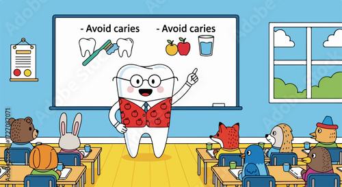 Cute classroom setting features healthy teeth learning, dental hygiene lesson with cartoon tooth character in classroom.