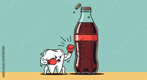 Illustration depicts unhealthy teeth, a cartoon tooth in boxing gloves attacking a soda bottle, showing struggle. Unhealthy teeth,