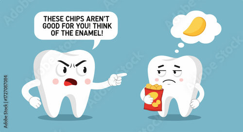 Animated teeth show dental health concept with one tooth scolding another about eating chips, dental health being negatively impacted. Enamel protection is a consideration,