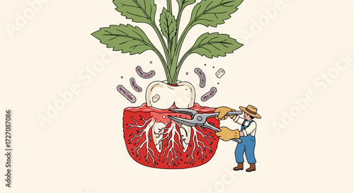 Illustration of growing turnips, showing the process from seed to harvest, with gardener using shears. Turnip cultivation is illustrated,