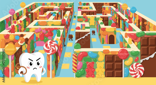 Candy maze with tooth character looking frustrated, an intricate game path with sweets and colorful treats. Candy maze concept presents playful challenge through sugary walls,