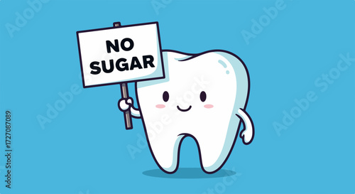No sugar illustration of cute tooth character holding sign with text no sugar. Dental care concept no sugar presented in a fun manner for educational or advertising purposes.