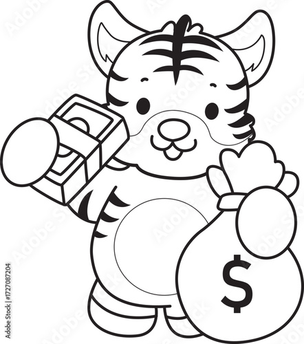 Coloring book of cute tiger character vector clip art for children.  