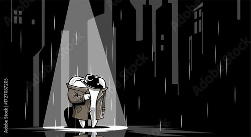 Cartoon character is depicted standing in the rain. Cartoon character looks lonely in wet weather, with rainy conditions highlighting isolation and sadness.