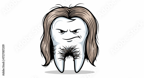 Funny tooth illustration with long hair for a comical cartoon dental concept. This funny tooth illustration is a humorous take on oral hygiene and dental care, highlighting quirky cartoon aesthetics.