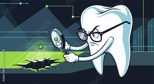 Tooth analysis for health insights, featuring a cartoon tooth character with magnifying glass, poised above a crack. This tooth analysis symbolizes dental care and thorough examination for problems.