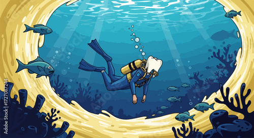 Diver explores underwater cave surrounded by coral and fish. Diver in wetsuit explores cave formations, navigating through aquatic environment filled with wildlife.