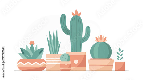 This image is a minimalist vector illustration of indoor potted plants, including succulents, cactus, and leafy houseplants. The design features soft pastel colors in modern decorative pots, creating 