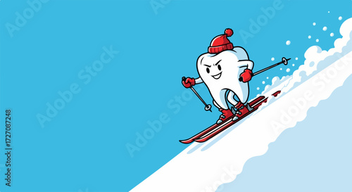 Winter skiing is a cartoon tooth on a snowy slope, a fun dental theme. This winter skiing scene portrays a tooth character enjoying winter activity.