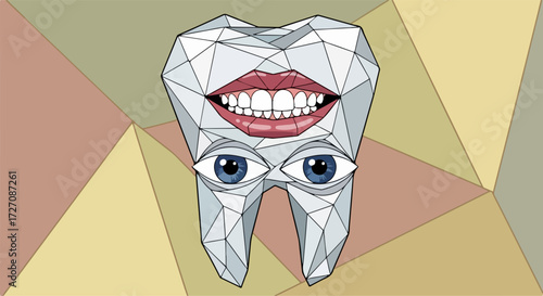 Conceptual tooth illustration for dental healthcare, tooth features a mouth and eyes, showcased against an abstract patterned background. Conceptual tooth graphic for promoting oral hygiene,