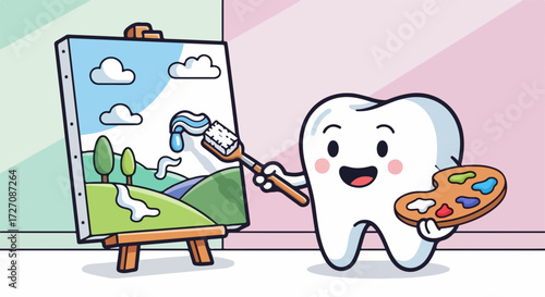 Tooth character illustration, creative art with happy tooth painting nature landscape scene. Tooth character illustration is a fun, creative depiction and dentistry promotes a healthy tooth.
