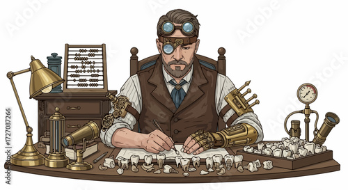 An inventor at work depicted in a steampunk style illustration showing mechanical arms. Steampunk theme displays a man at work with vintage gadgets, ornate mechanical limbs, and tools.
