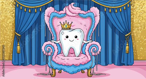 Cartoon tooth character sits on royal throne with a crown. Cartoon tooth illustration in ornate setting, concept showing dental health as regal and precious.