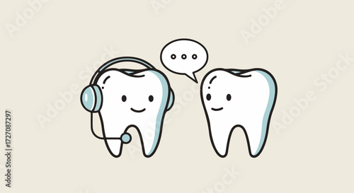 Cartoon teeth discussing dental health featuring smiling teeth with headset and speech bubble. Dental health concept illustration promoting oral hygiene for cartoon characters and human alike.